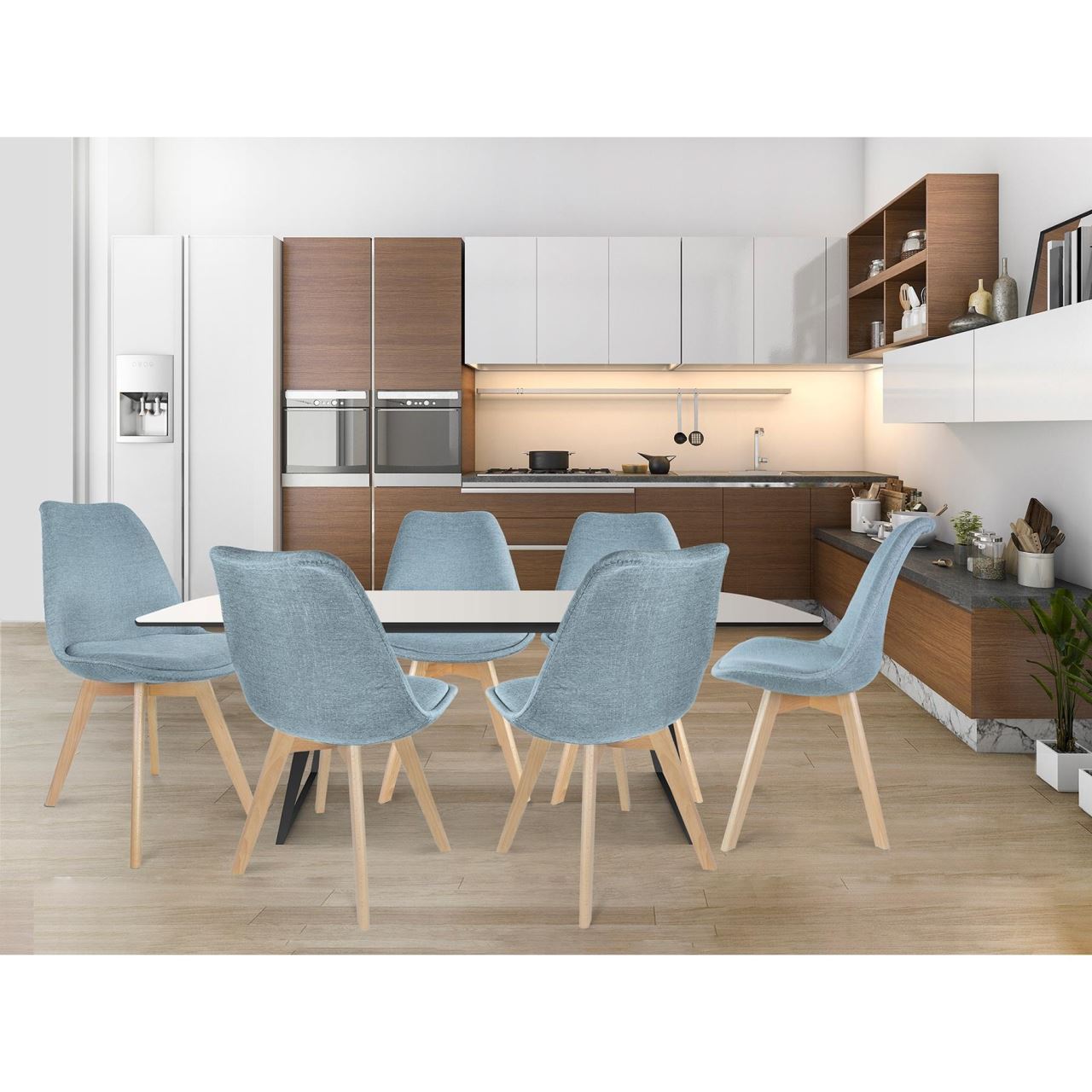 Scaune bucatarie/living, stofa, lemn, albastru deschis, set 4 buc, 49x55x82 cm - imagine 9