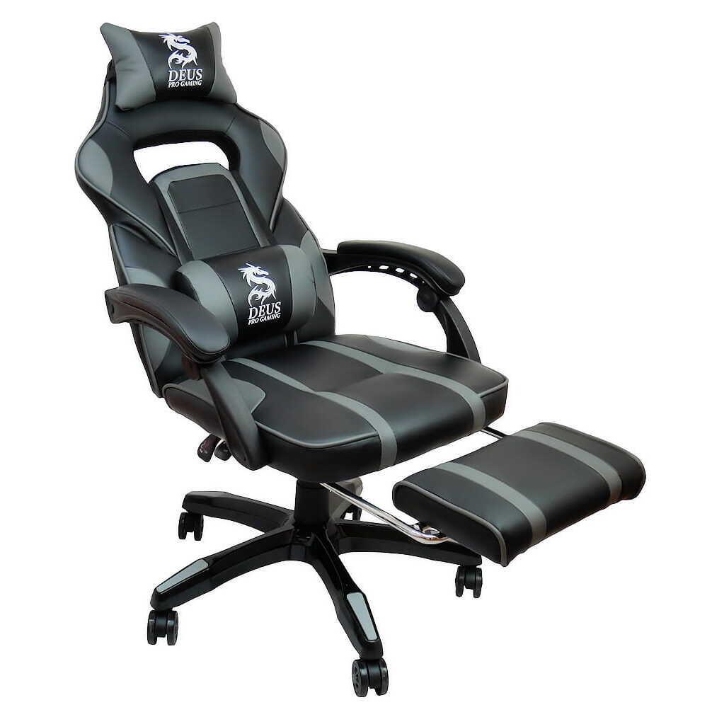 Scaun de gaming, piele ecologica, cu perna lombara, suport de picioare, gri si negru, 68x50x125 cm, Deus Large - imagine 9