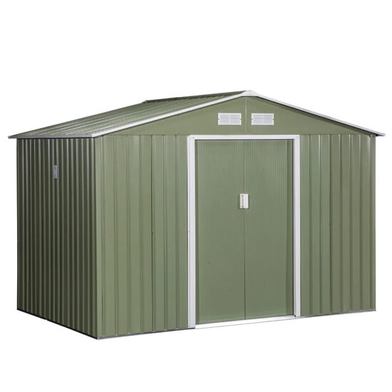 Casuta/magazie/sopron de gradina pentru depozitare unelte, cu structura baza inclusa, otel si PP, verde kaki, 277x195x192 cm