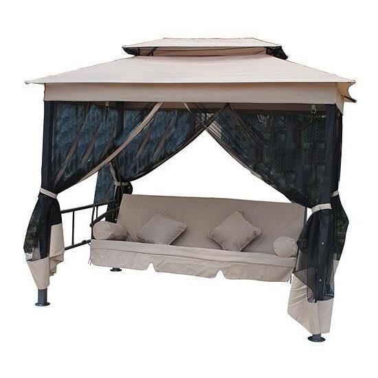 Balansoar gradina, 4 locuri, cu plasa insecte, functie pat, maro, 257x174x235 cm, Alipasha Lux