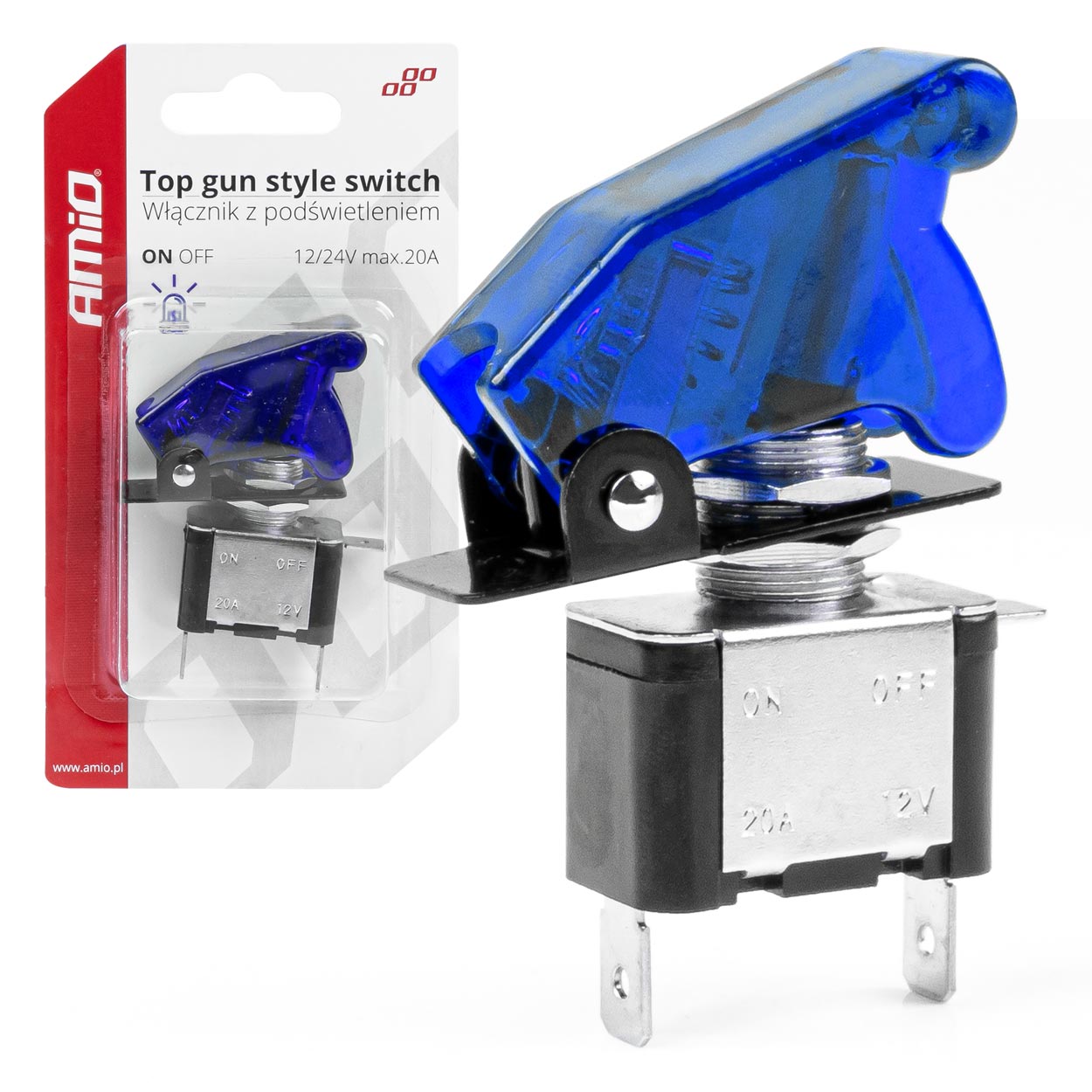 Comutator iluminat (intrerupator) cu protectie, destinatie auto, moto, ATV, SSV, Off-Road, model "TOP GUN", tensiune 12V - 24V, culoare Albastra