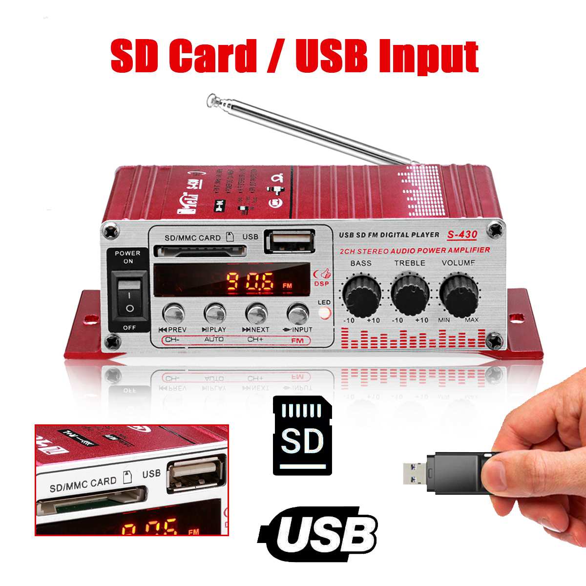 MINI amplificator auto, stereo, 12V, 40 W, radio FM, citire USB sau card SD, cu telecomanda - imagine 4