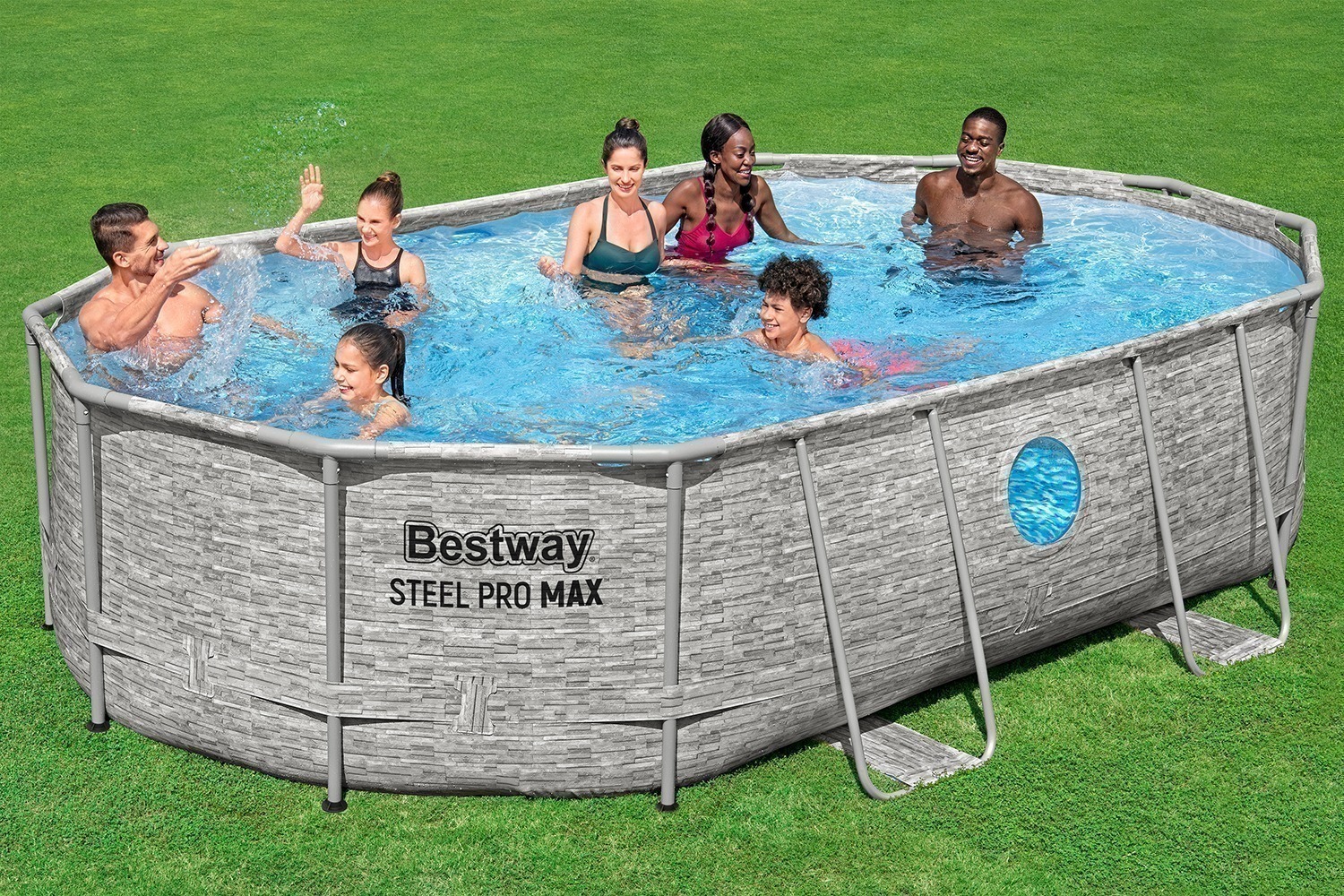Piscina structura metalica, ovala, cu pompa nisip, scara, dozator, prelata acoperire, gri, 488x305x107 cm, Bestway Power Steel