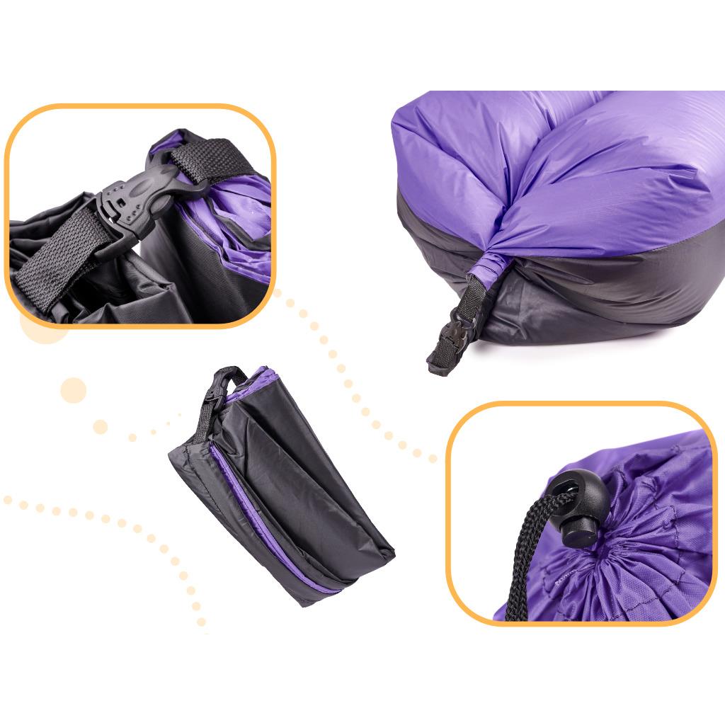 Saltea Autogonflabila "Lazy Bag" tip sezlong, 185 x 70cm, culoare Negru-Violet, pentru camping, plaja sau piscina - imagine 2