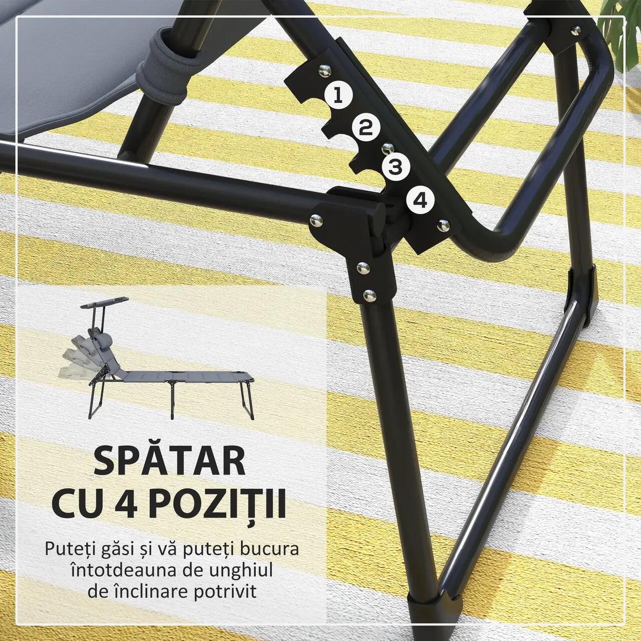 Set 2 sezlonguri pentru gradina, structura otel, cu spatar reglabil, parasolar, gri, 70x200x70-96 cm - imagine 8