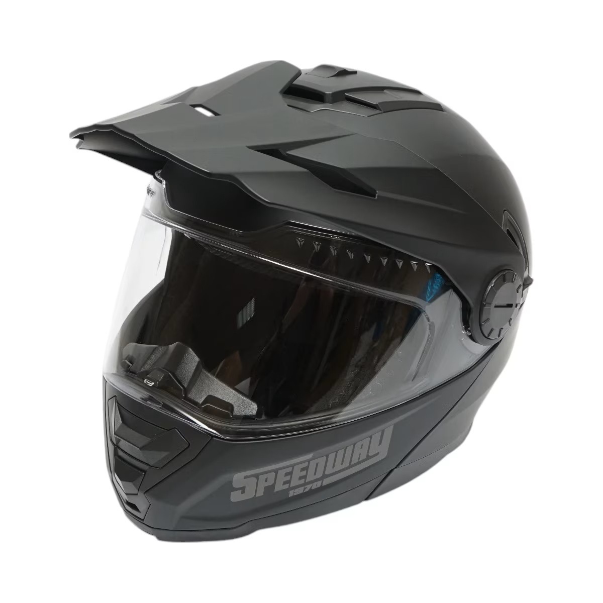 Casca motocross integrala negru mat cu viziera transparenta si ochelari de soare, marimea L, model LION