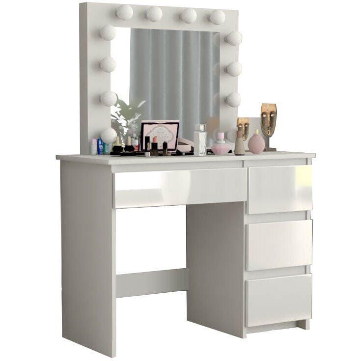 Set masa de toaleta/machiaj Irina + scaun Mark, alb, sertare lucioase, cu oglinda si LED-uri, 94x43x141 cm - imagine 12