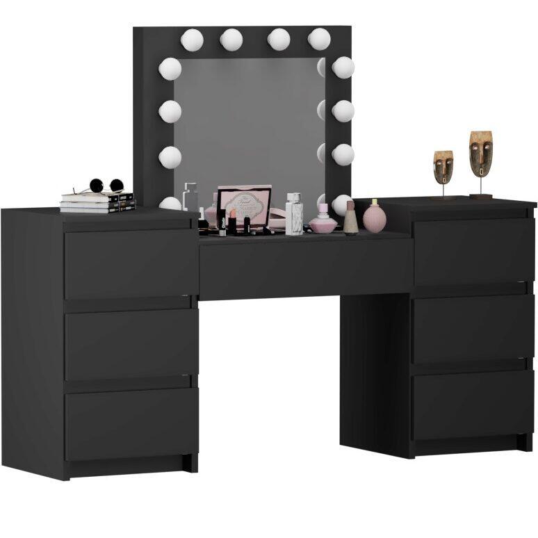 Set masa de toaleta/machiaj Antonia + scaun Mark, negru, cu oglinda si LED-uri, 155x42x135 cm - imagine 12