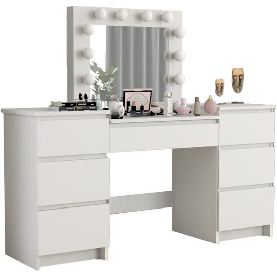 Masa de toaleta/machiaj, alb, cu oglinda si LED-uri, Antonia, 155x42x135 cm
