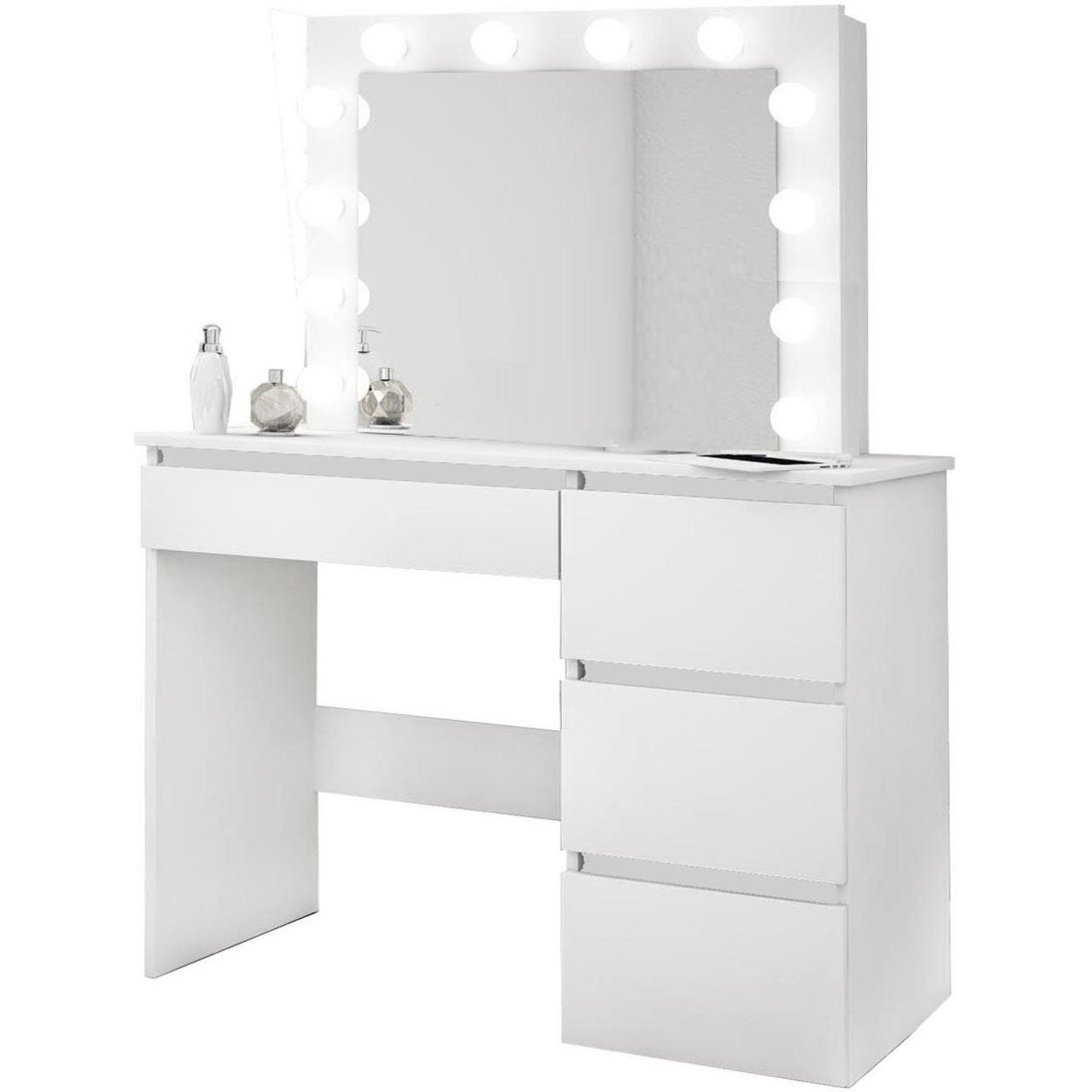 Set masa de toaleta/machiaj Irina + scaun Mark, alb, cu oglinda si LED-uri, 94x43x141 cm - imagine 11