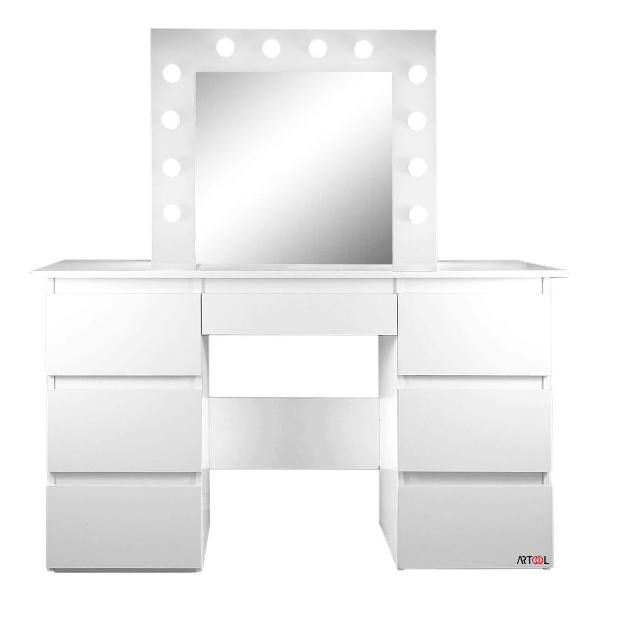 Set masa de toaleta/machiaj Vanessa + scaun Mark, alb, cu oglinda si LED-uri, 130x43x143 cm - imagine 11
