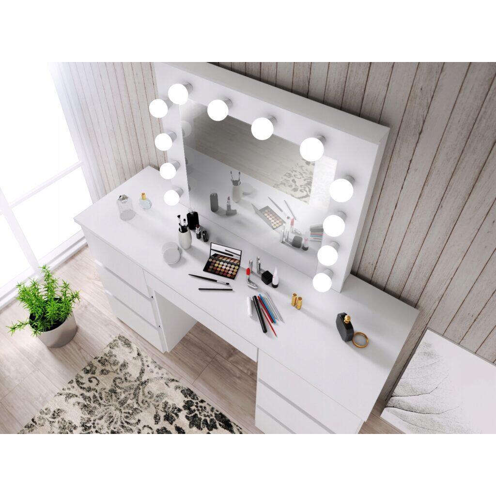 Set masa de toaleta/machiaj Vanessa + scaun Mark, alb, cu oglinda si LED-uri, 130x43x143 cm - imagine 9