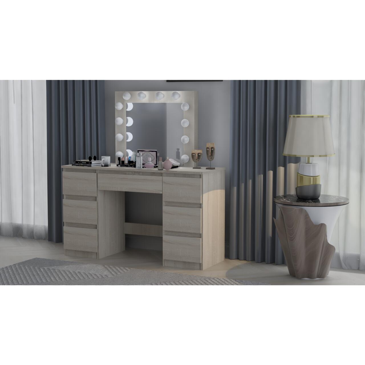 Set masa de toaleta/machiaj Vanessa + scaun Mark, stejar, cu oglinda si LED-uri, 130x43x143 cm - imagine 8