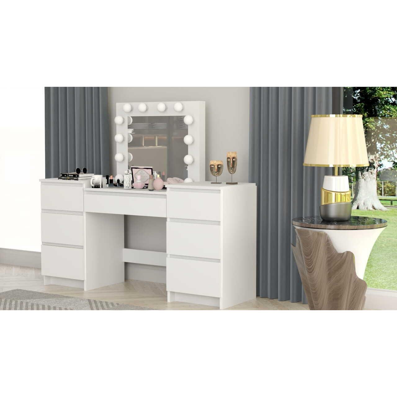 Set masa de toaleta/machiaj Antonia + scaun Mark, alb, cu oglinda si LED-uri, 155x42x135 cm - imagine 11