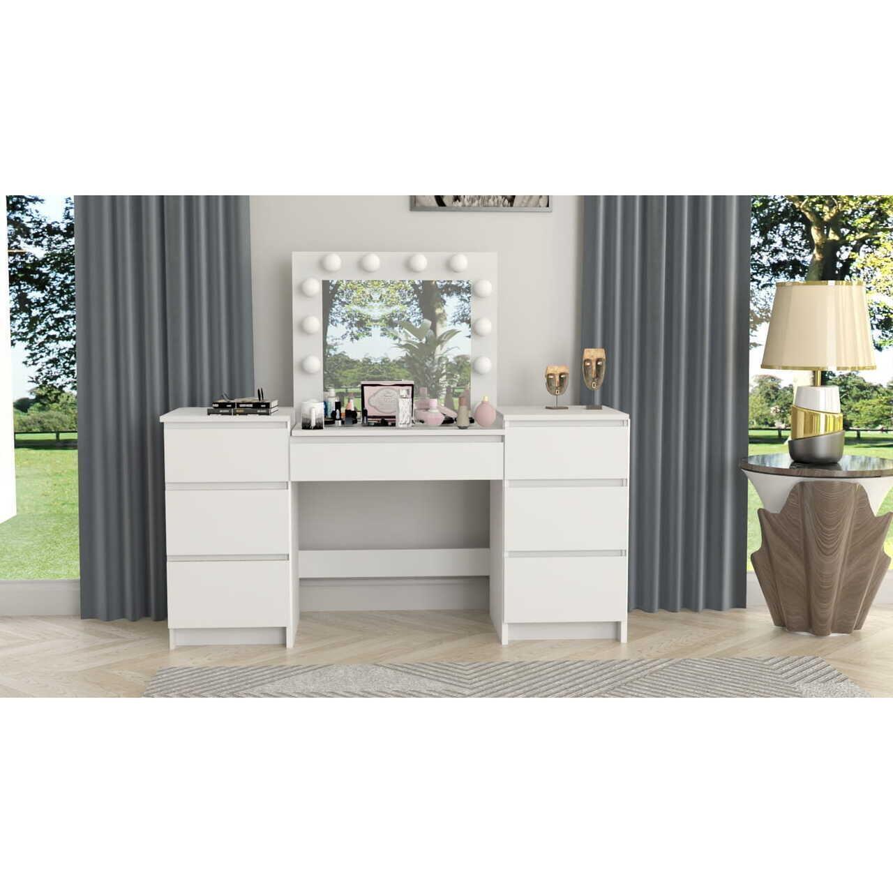 Set masa de toaleta/machiaj Antonia + scaun Mark, alb, cu oglinda si LED-uri, 155x42x135 cm - imagine 10