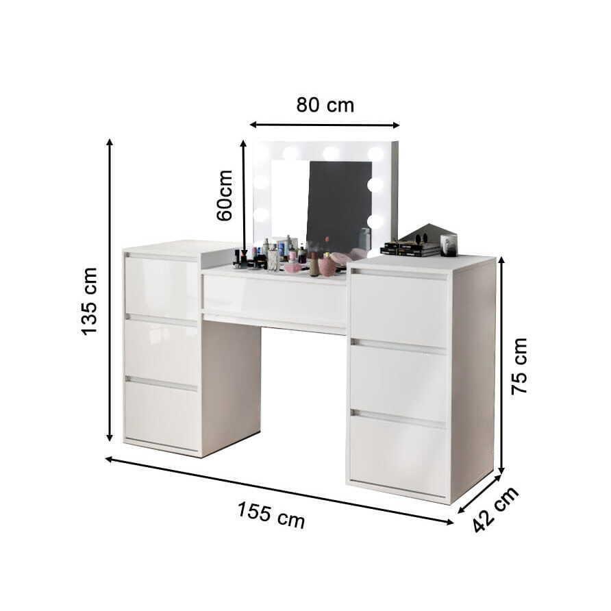 Set masa de toaleta/machiaj Antonia + scaun Mark, alb, cu oglinda si LED-uri, 155x42x135 cm - imagine 9