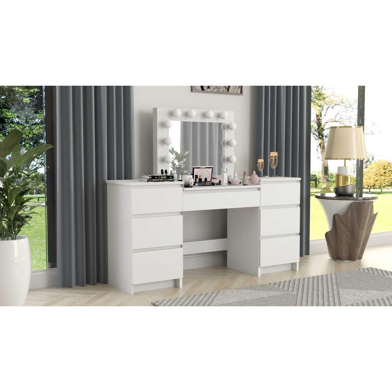 Set masa de toaleta/machiaj Antonia + scaun Mark, alb, cu oglinda si LED-uri, 155x42x135 cm - imagine 8