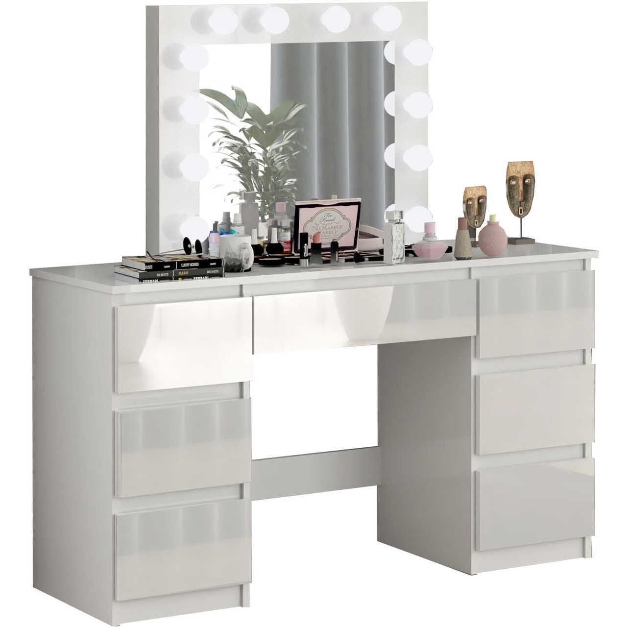 Set masa de toaleta/machiaj Vanessa + scaun Mark, sertare alb lucios, cu oglinda si LED-uri, Vanessa, 130x43x143 cm - imagine 8