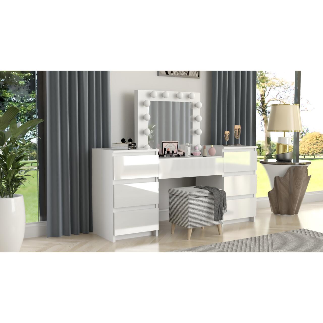 Set masa de toaleta/machiaj Antonia + scaun Mark, alb, sertare lucioase, cu oglinda si LED-uri, 155x42x135 cm - imagine 8