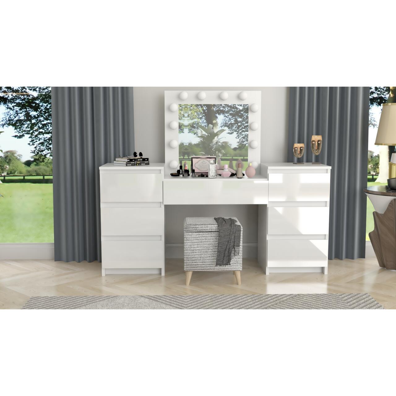 Set masa de toaleta/machiaj Antonia + scaun Mark, alb, sertare lucioase, cu oglinda si LED-uri, 155x42x135 cm - imagine 9