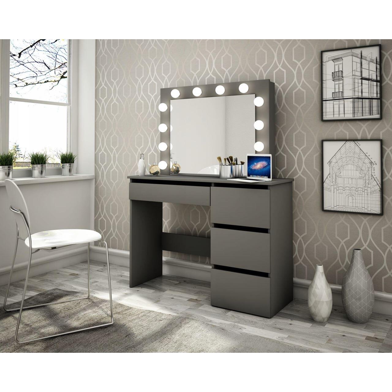 Set masa de toaleta/machiaj Irina + scaun Mark, negru, cu oglinda si LED-uri, 94x43x141 cm - imagine 10