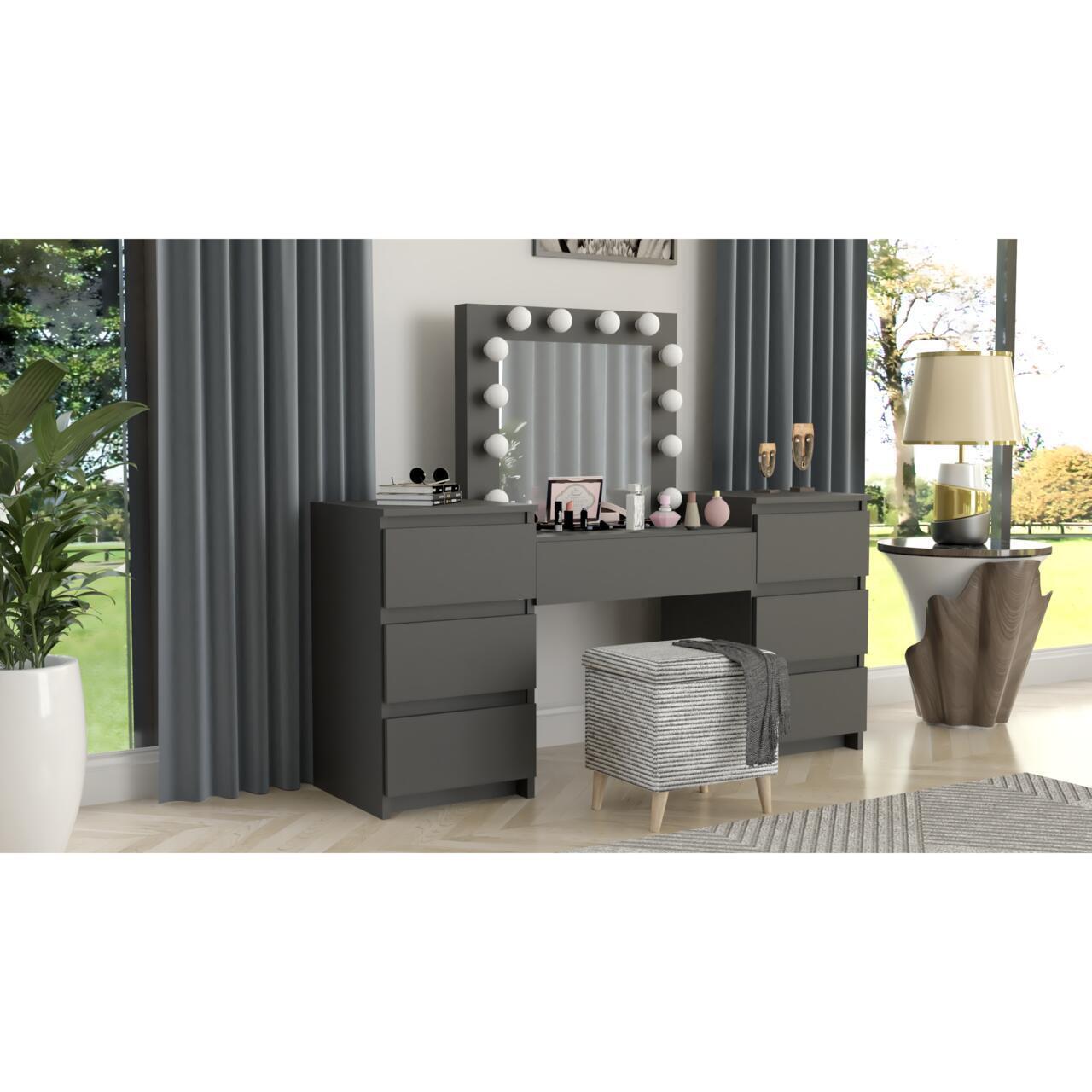 Set masa de toaleta/machiaj Antonia + scaun Mark, negru, cu oglinda si LED-uri, 155x42x135 cm - imagine 10