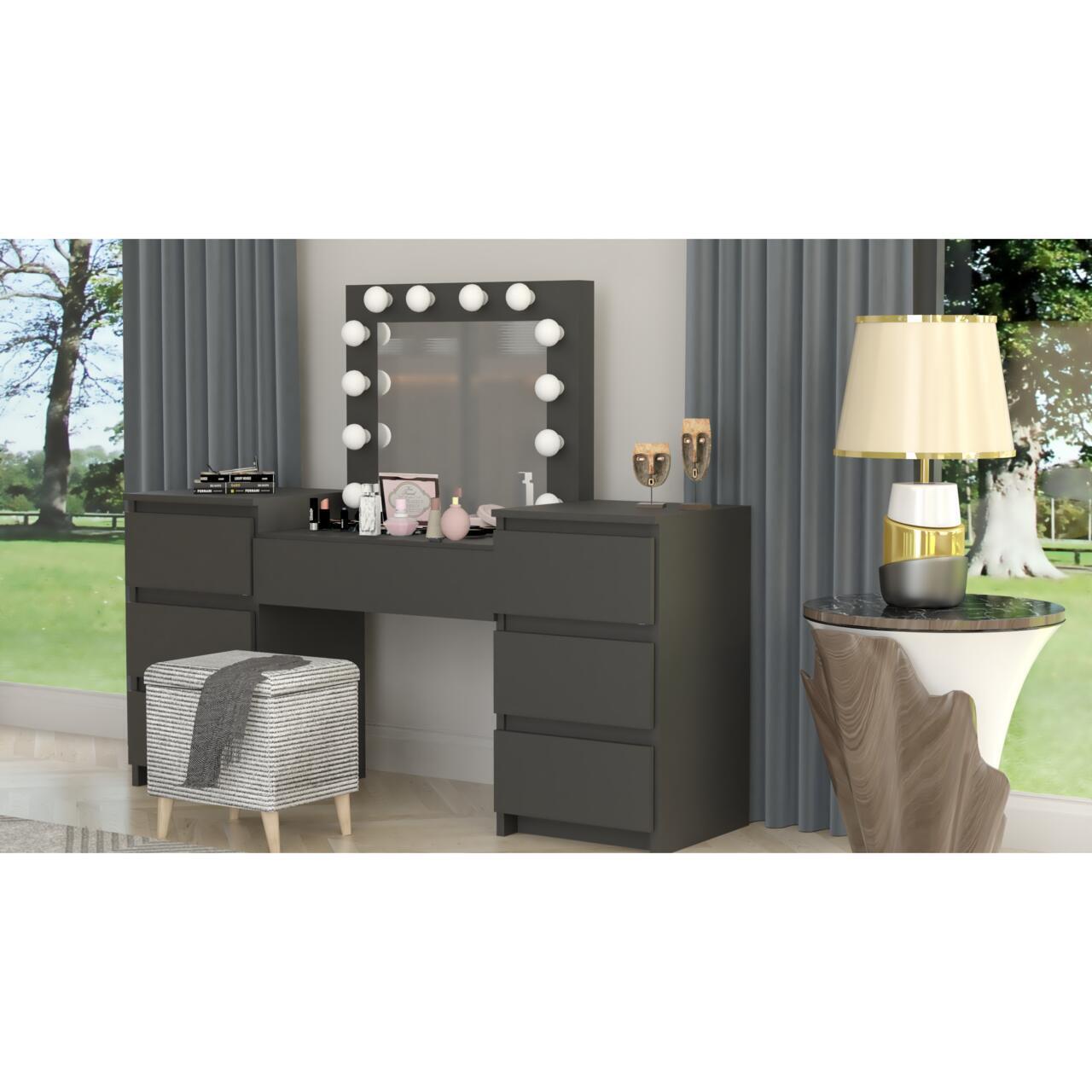 Set masa de toaleta/machiaj Antonia + scaun Mark, negru, cu oglinda si LED-uri, 155x42x135 cm - imagine 9