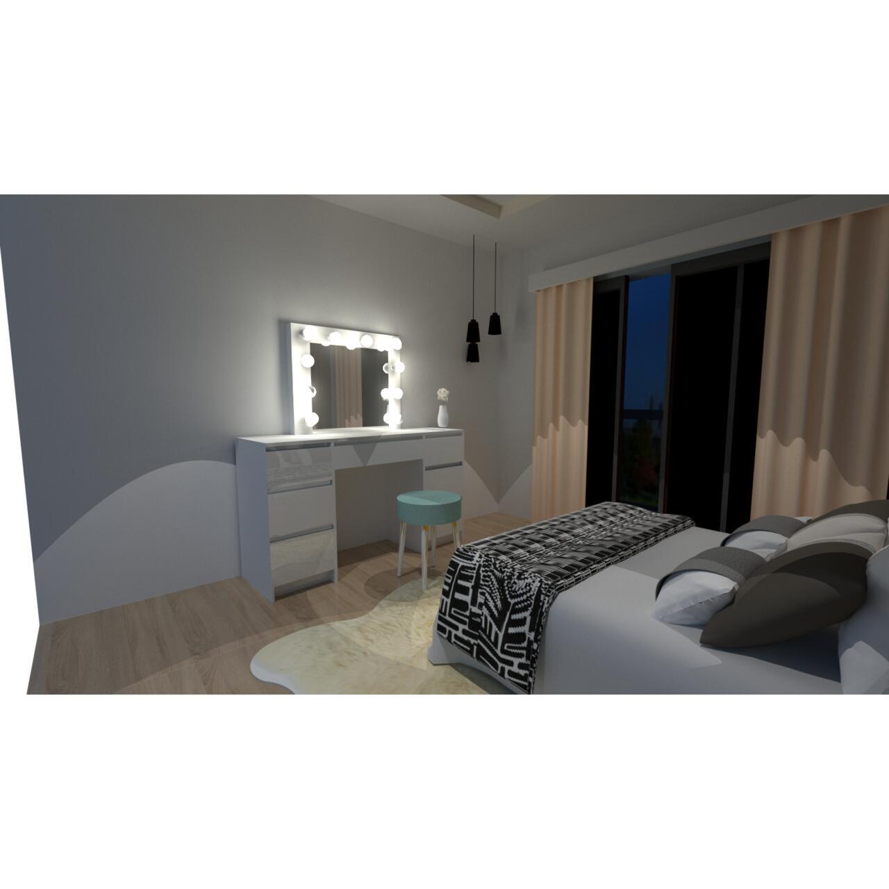 Set masa de toaleta/machiaj Vanessa + scaun Mark, sertare alb lucios, cu oglinda si LED-uri, Vanessa, 130x43x143 cm - imagine 16