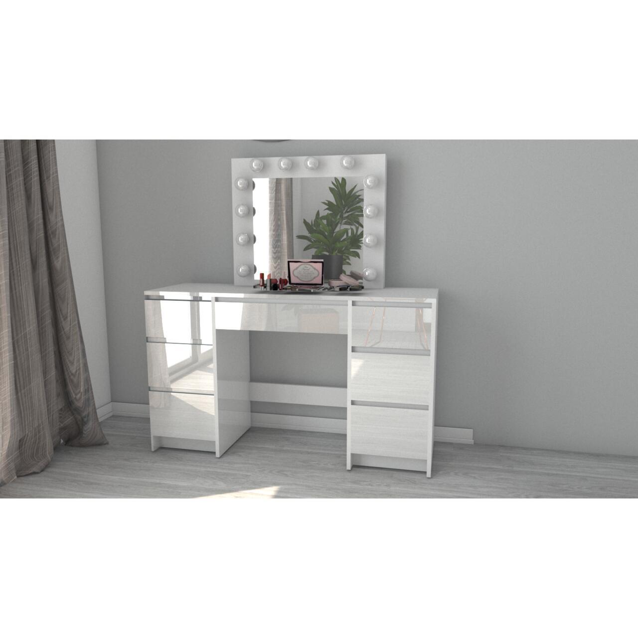 Set masa de toaleta/machiaj Vanessa + scaun Mark, sertare alb lucios, cu oglinda si LED-uri, Vanessa, 130x43x143 cm - imagine 14