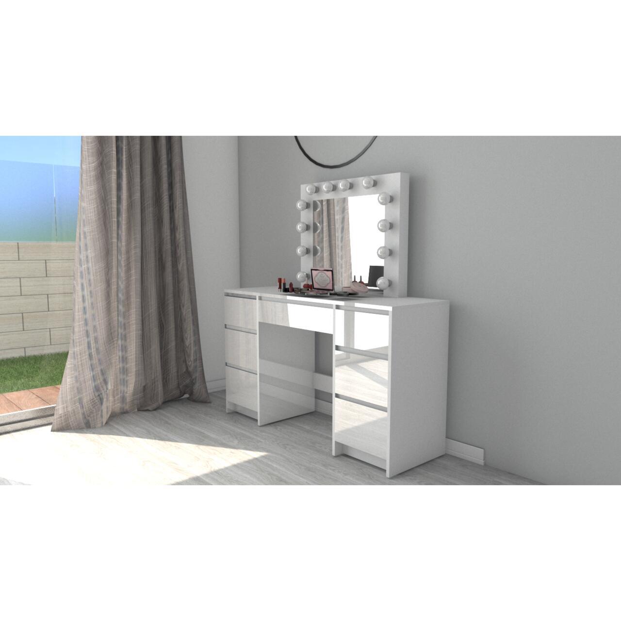 Set masa de toaleta/machiaj Vanessa + scaun Mark, sertare alb lucios, cu oglinda si LED-uri, Vanessa, 130x43x143 cm - imagine 13