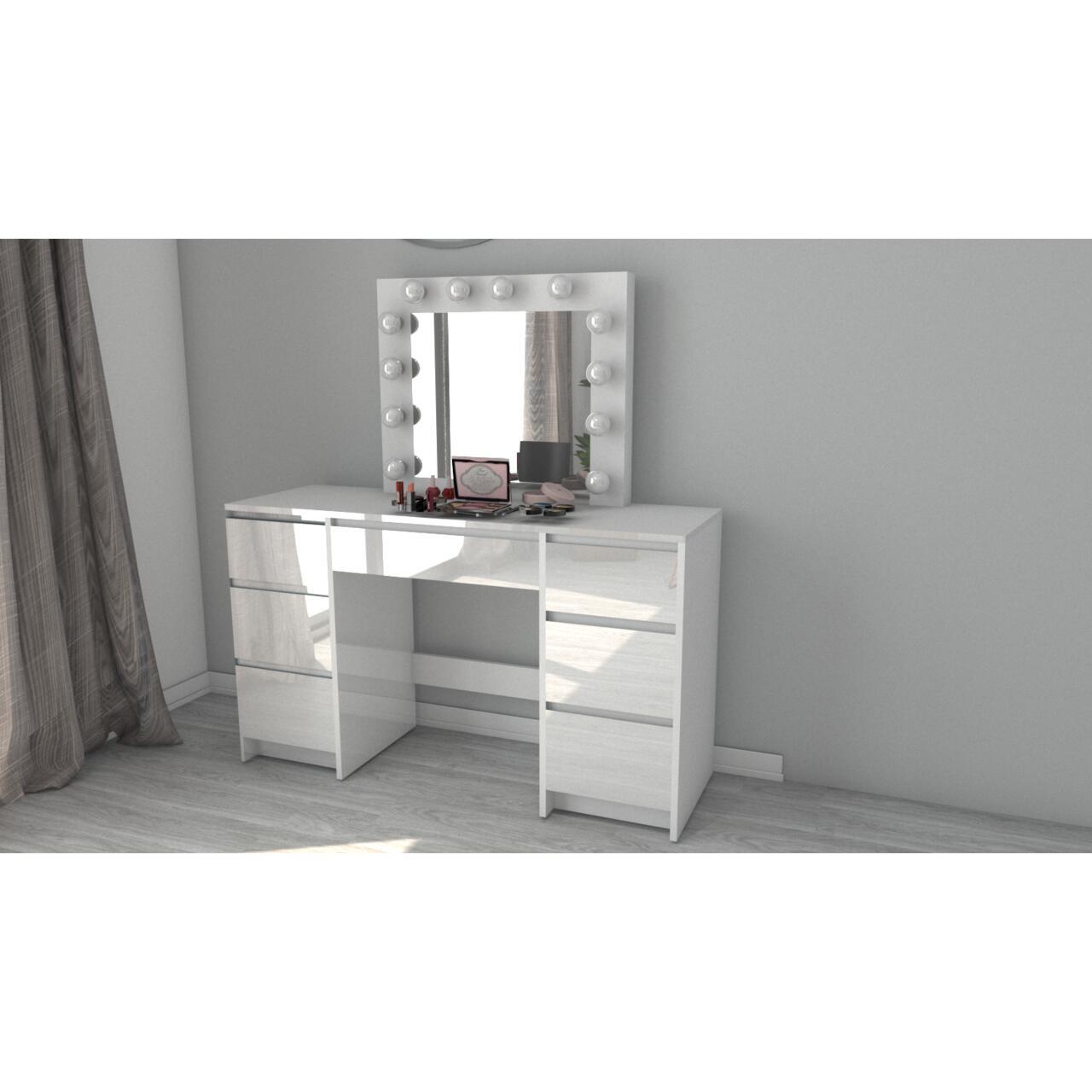 Set masa de toaleta/machiaj Vanessa + scaun Mark, sertare alb lucios, cu oglinda si LED-uri, Vanessa, 130x43x143 cm - imagine 12