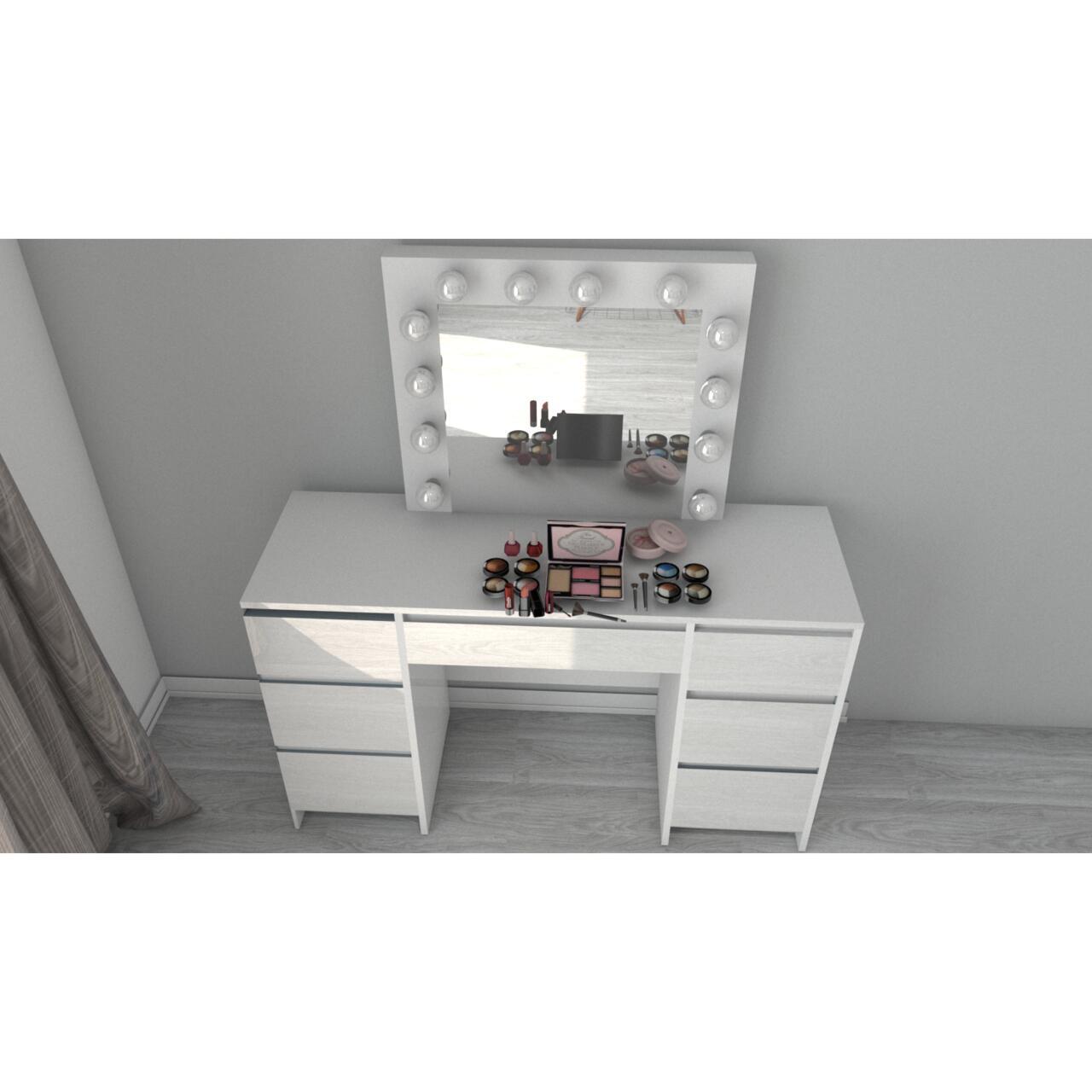 Set masa de toaleta/machiaj Vanessa + scaun Mark, sertare alb lucios, cu oglinda si LED-uri, Vanessa, 130x43x143 cm - imagine 11