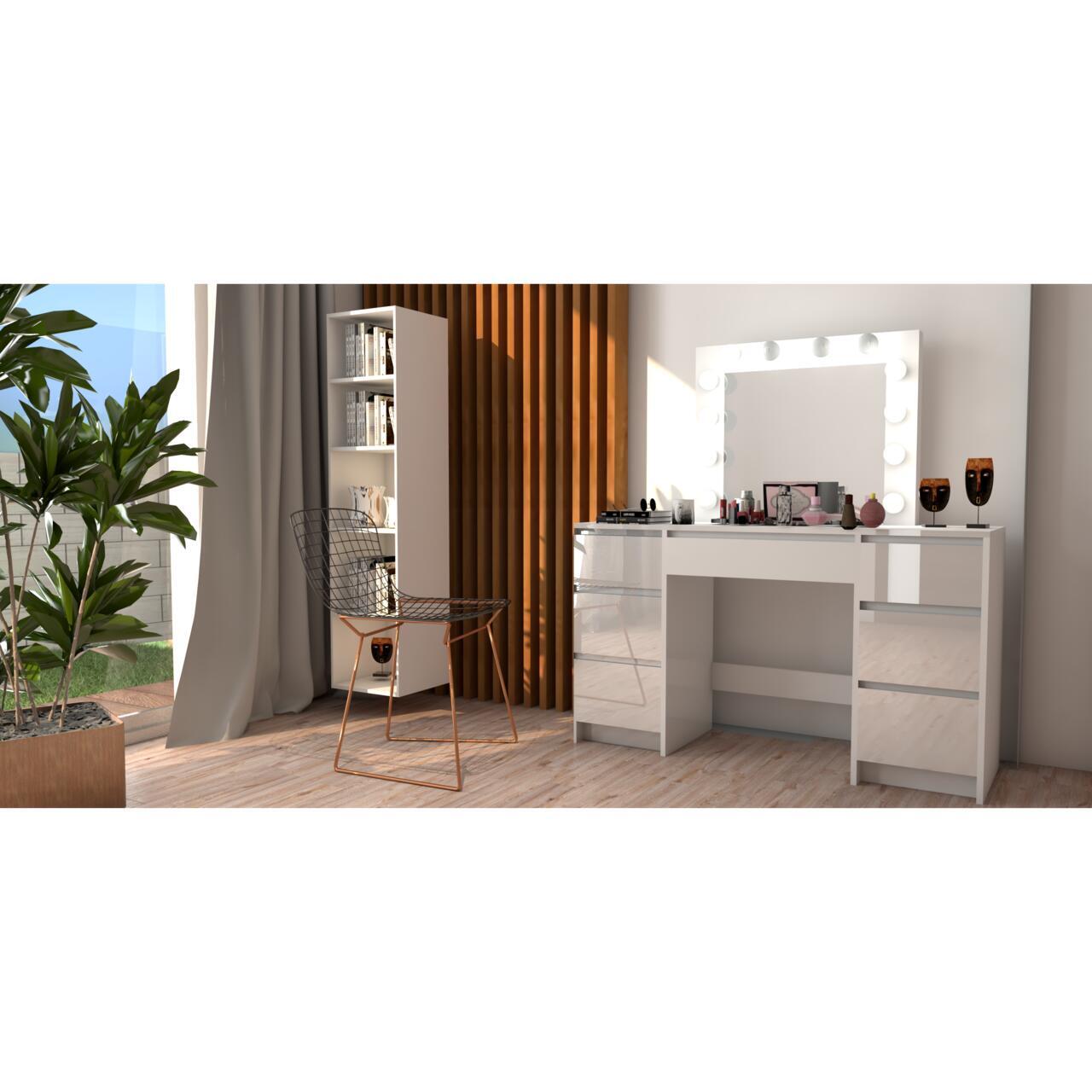 Set masa de toaleta/machiaj Vanessa + scaun Mark, sertare alb lucios, cu oglinda si LED-uri, Vanessa, 130x43x143 cm - imagine 10