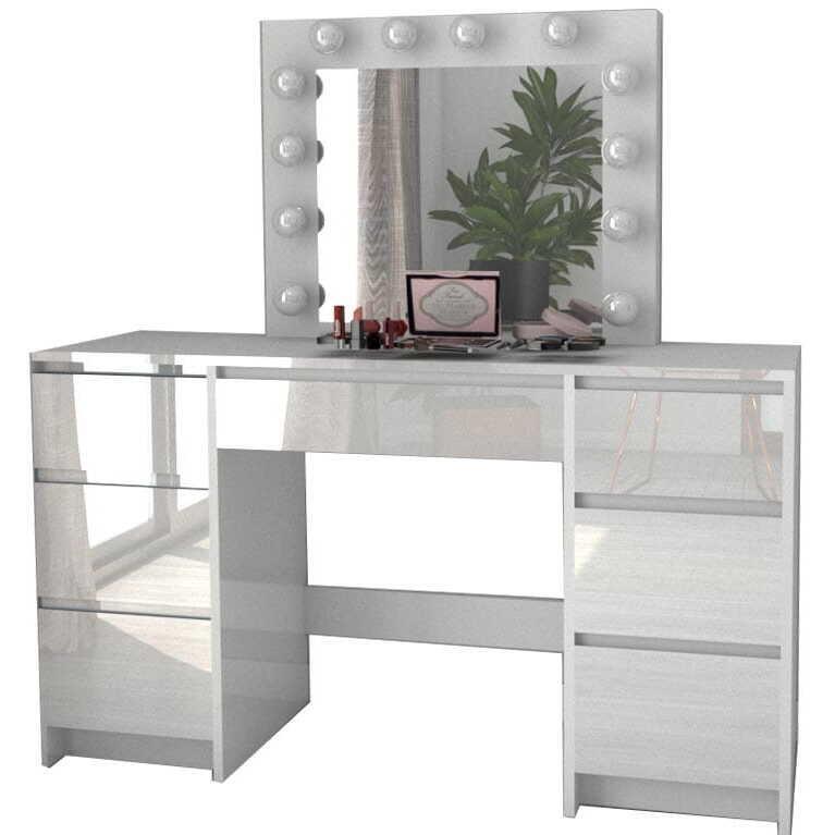 Set masa de toaleta/machiaj Vanessa + scaun Mark, sertare alb lucios, cu oglinda si LED-uri, Vanessa, 130x43x143 cm - imagine 9