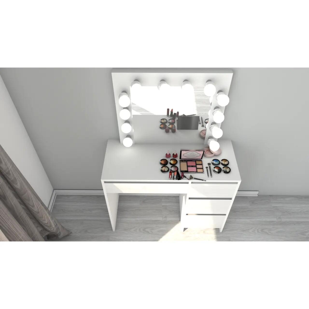 Set masa de toaleta/machiaj Irina + scaun Mark, alb, sertare lucioase, cu oglinda si LED-uri, 94x43x141 cm - imagine 10