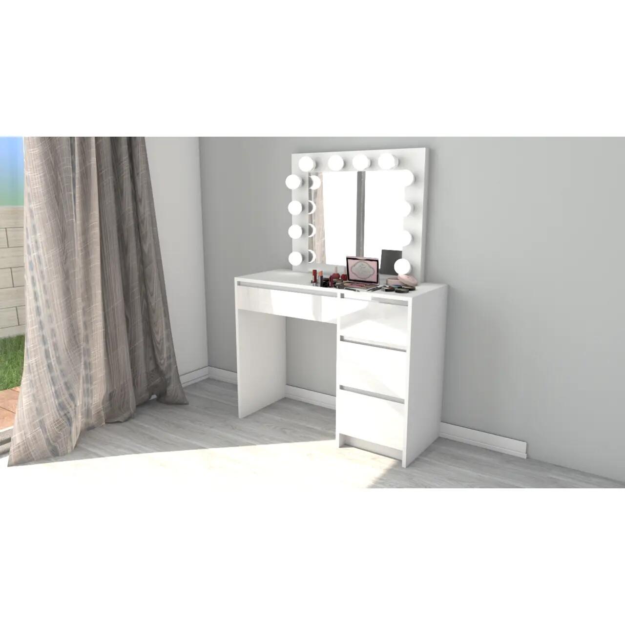 Set masa de toaleta/machiaj Irina + scaun Mark, alb, sertare lucioase, cu oglinda si LED-uri, 94x43x141 cm - imagine 8