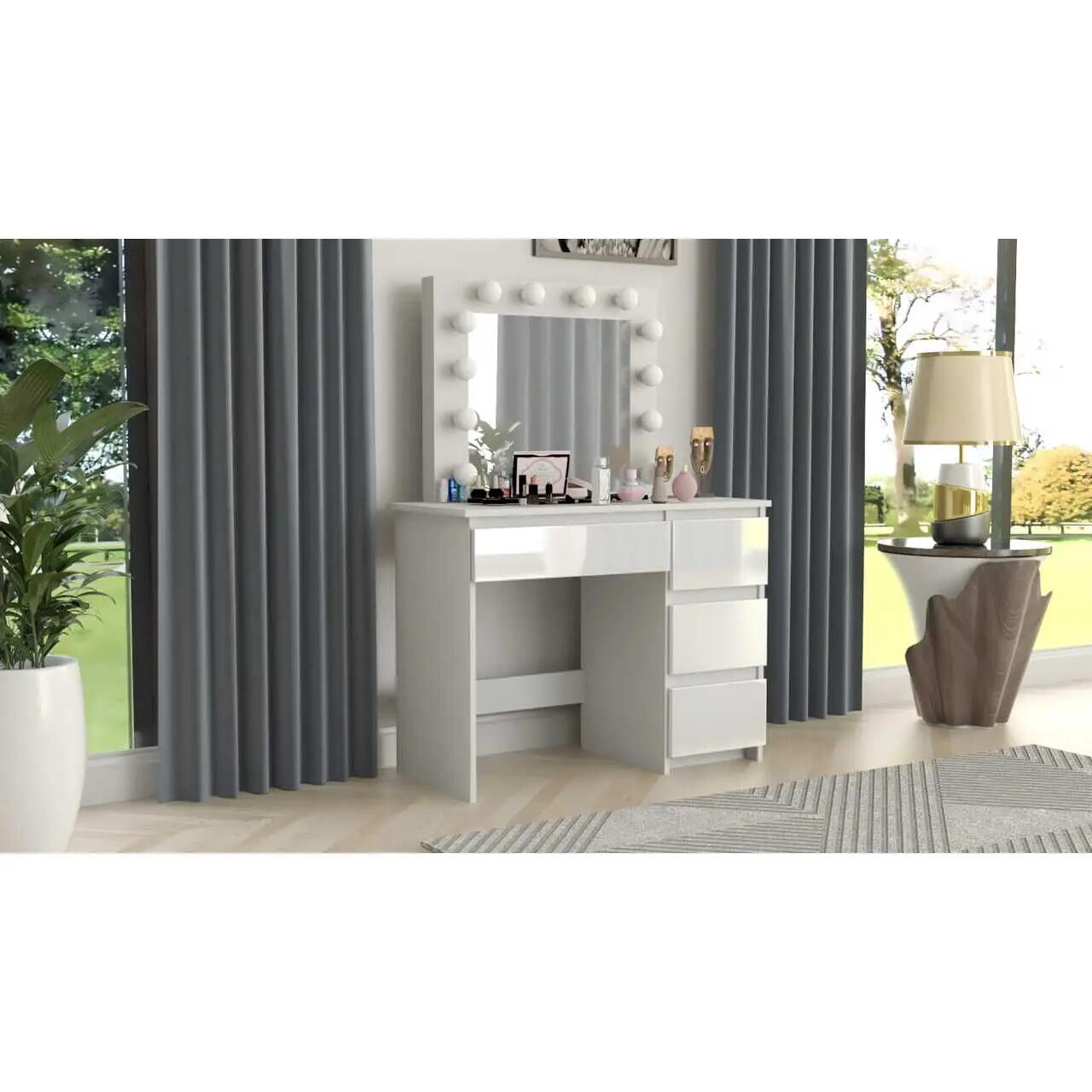 Set masa de toaleta/machiaj Irina + scaun Mark, alb, sertare lucioase, cu oglinda si LED-uri, 94x43x141 cm - imagine 11