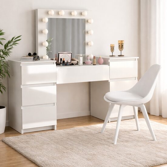 Masa de toaleta/machiaj, Antonia, sertare lucioase + scaun Mark, alb, cu oglinda si LED-uri, 155x42x135 cm