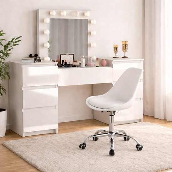 Masa de toaleta/machiaj, Antonia, sertare lucioase + scaun Alba, alb, cu oglinda si LED-uri, 155x42x135 cm