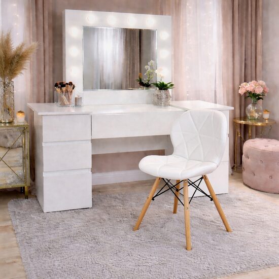Masa de toaleta/machiaj, Antonia + scaun Lago, alb, cu oglinda si LED-uri, 155x42x135 cm