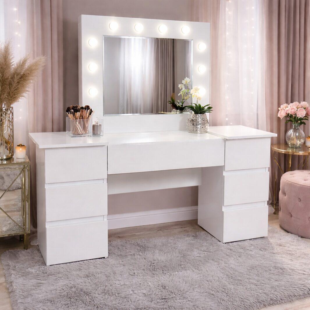 Masa de toaleta/machiaj, Antonia + scaun Avola, alb, cu oglinda si LED-uri, 155x42x135 cm - imagine 8