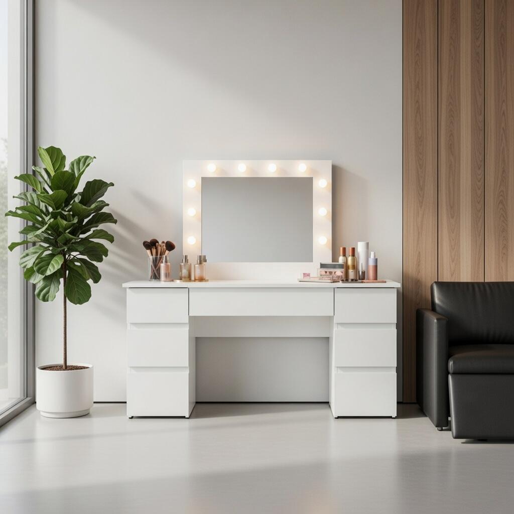 Masa de toaleta/machiaj, Antonia + scaun Avola, alb, cu oglinda si LED-uri, 155x42x135 cm - imagine 7