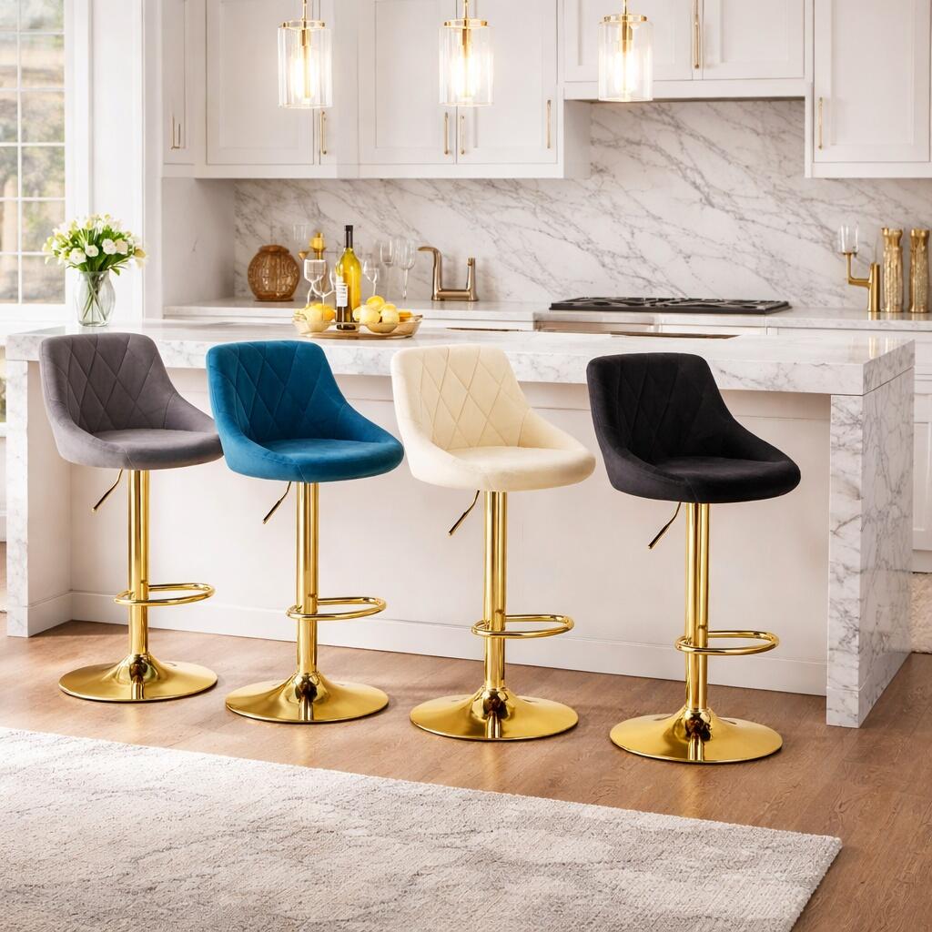 Scaun de bucatarie/bar, Artool, Kast, rotativ, catifea bleumarin, picior metal auriu, 45.5x49x85-105 cm - imagine 9