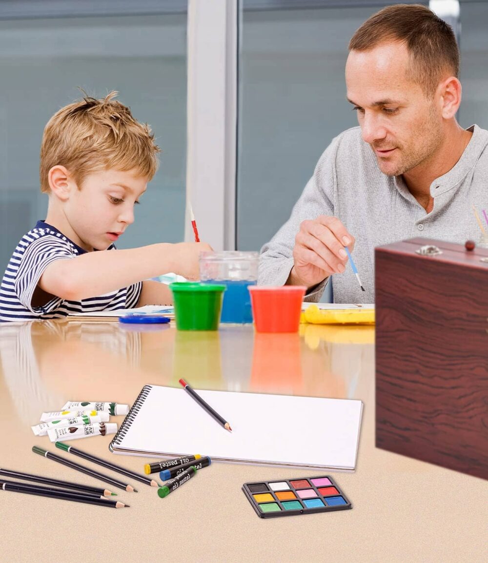 Set 142 piese pentru pictura, pentru copii sau adulti, pixuri de colorat, creioane colorate si vopsele de pictura, cu geanta de transport din LEMN MASIV, model AVX-WT-INGRES142 - imagine 3