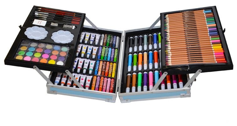 Set 145 piese pentru pictura, pentru copii sau adulti, pixuri de colorat, creioane colorate si vopsele de pictura, cu geanta de transport ALBASTRA, model AVX-WT-RUBENS145 - imagine 2