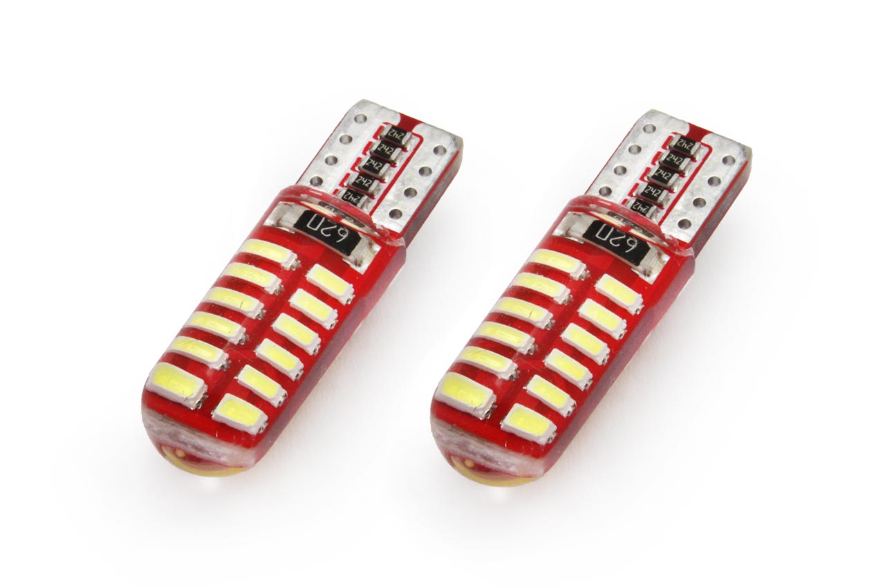 Set becuri auto cu LED CANBUS compatibil T10e W5W 24 SMD SILCA Alb 12V, destinat competitiilor auto sau off-road