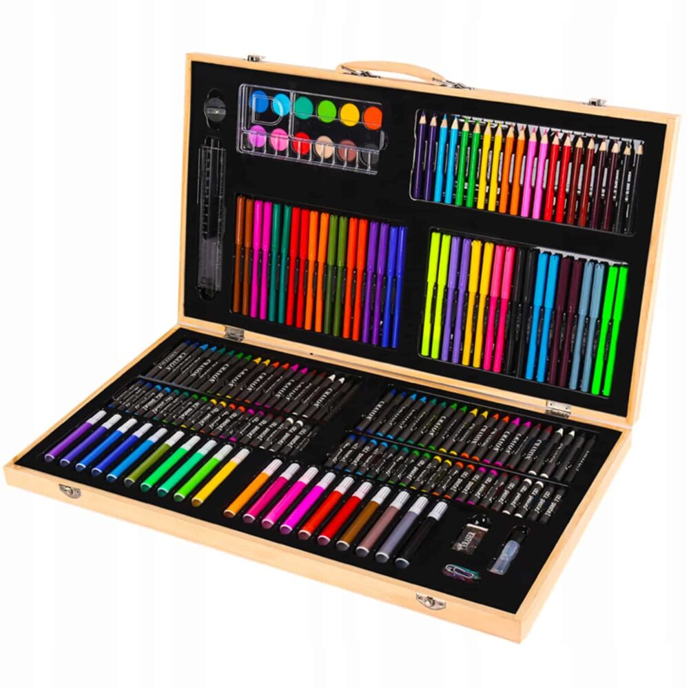 Set 180 piese pentru desen pentru copii sau adulti, creioane colorate, vopsele si markere, cu geanta de transport din LEMN MASIV, model AVX-WT-ART-10 - imagine 3