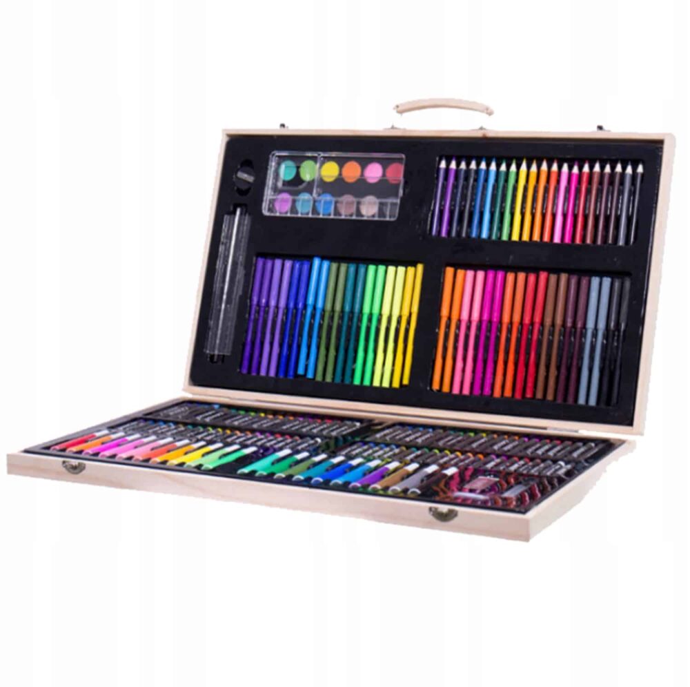 Set 180 piese pentru desen pentru copii sau adulti, creioane colorate, vopsele si markere, cu geanta de transport din LEMN MASIV, model AVX-WT-ART-10 - imagine 5