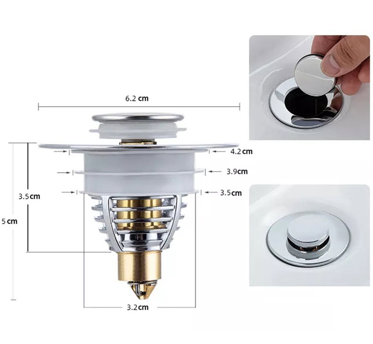 Dop scurgere chiuveta, universal, deschidere cu click, material oțel, diametru exterior 62 mm, culoare Argintiu - imagine 6