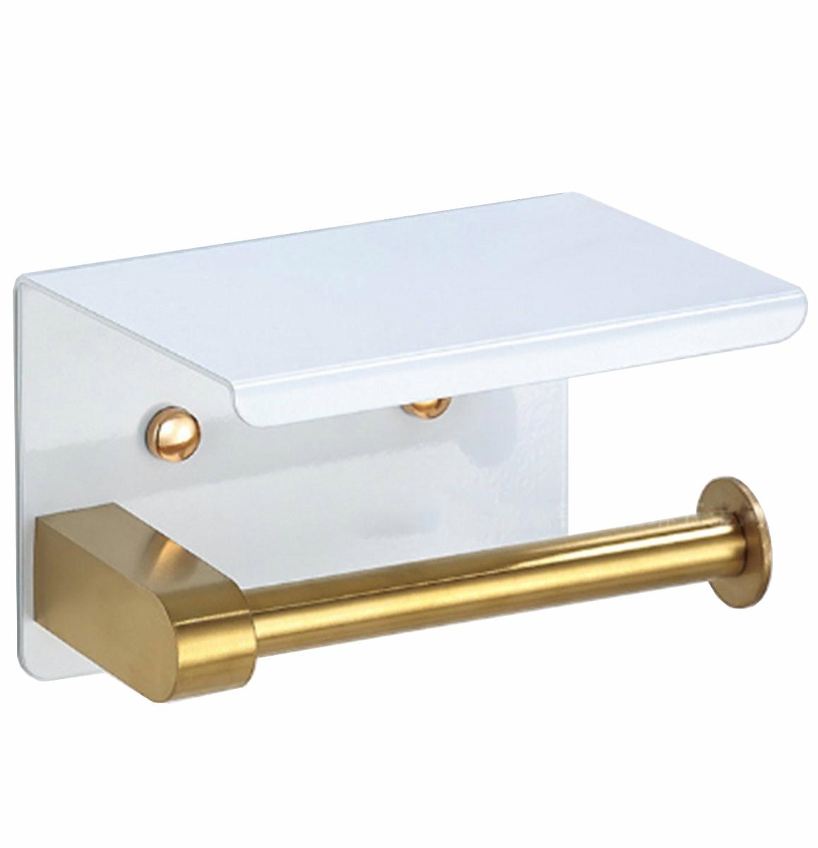 Suport pentru hartie igienica cu raft suplimentar, din otel, culoare alba cu brat auriu - imagine 2
